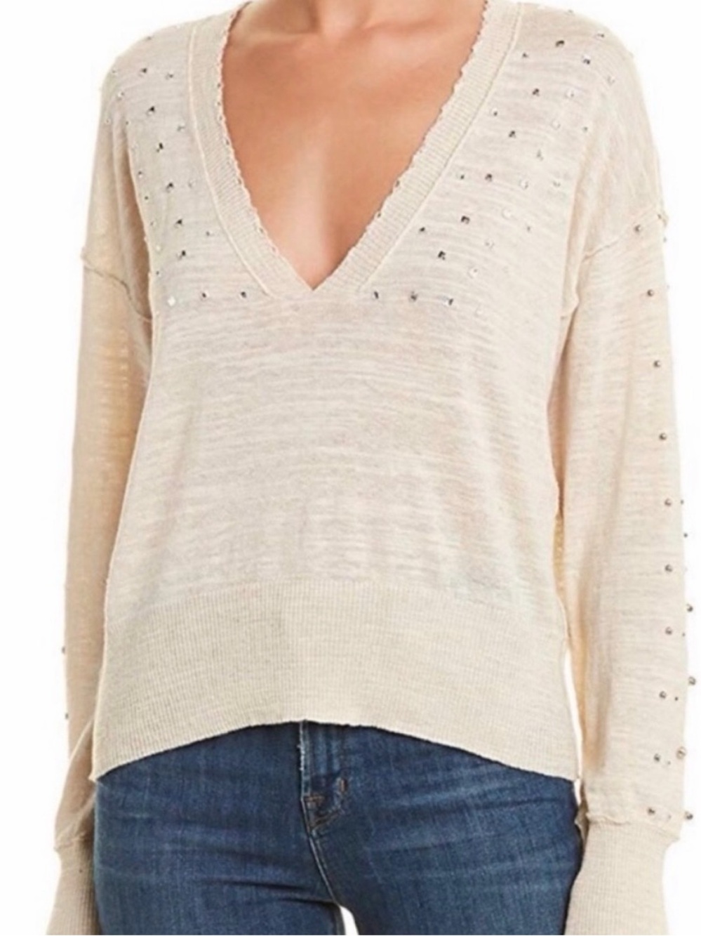 Wildfox Boyd Beige Studded V Neck Sweater Small NWT